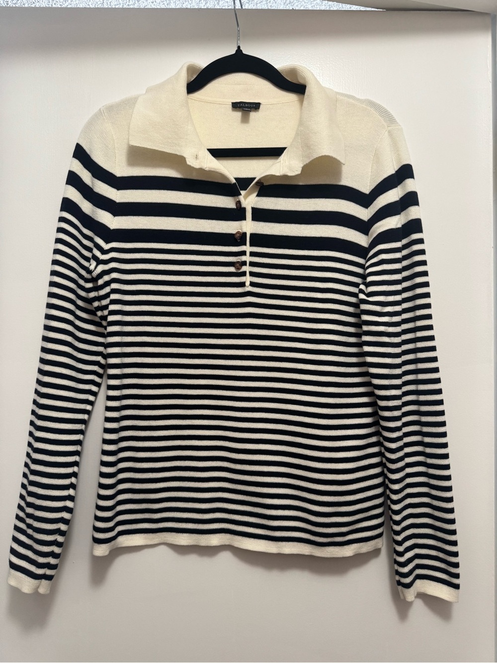 Talbots Black & Cream Striped Long-Sleeve Polo Sweater new